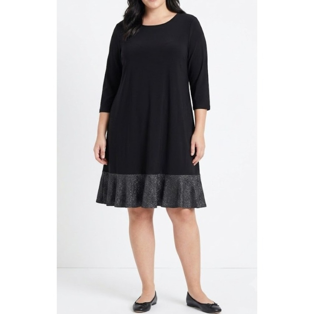 Jessica London | Dresses | Jessica London Dress Size 22w Black Glitter Ruffle Hem 34 Sleeve Aline Stretch
